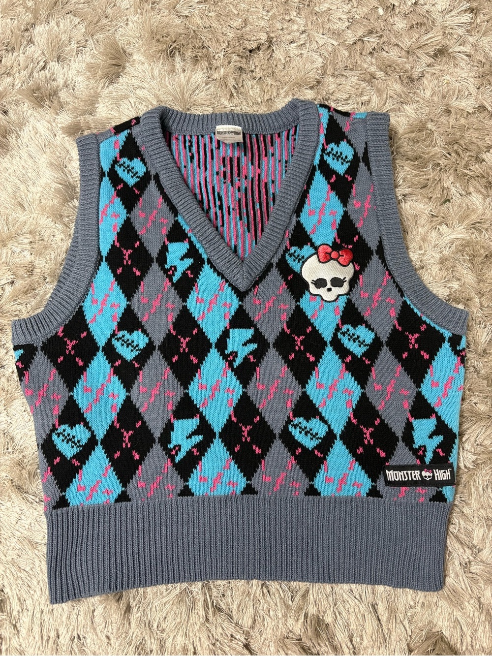 Monster High Argyle V-Neck Sweater Vest - Blue, Gray, Black, Pink Sz M